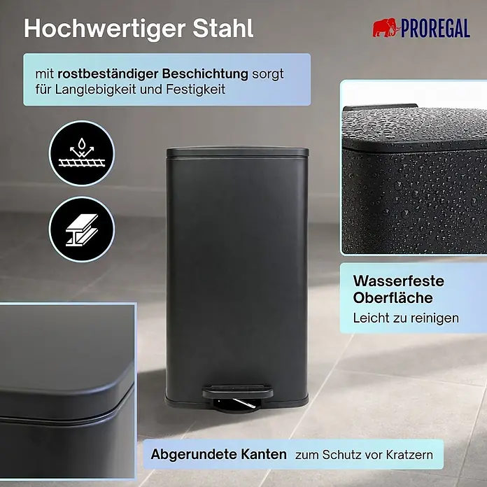 Proregal Treteimer 50L mit Softclose - 50 l, Metall, Matt Schwarz - Schwarzer rechteckiger Abfalleimer aus Stahl mit Fußpedal, rostbeständiger und wasserfester Oberfläche.