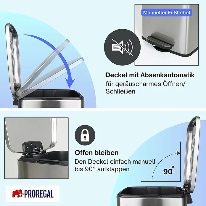 PROREGAL Mülleimer Küche Bad 60L, Abfalleimer mit Softclose & Stay-Open Deckel, Fußpedal & Inneneimer | Stahl, Silber | rechteckiger Treteimer mit Inneneimer, Tretmülleimer 60 Liter -  - Silberfarbener Edelstahl-Treteimer mit Soft-Close-Deckel, Fußpedal und 90°-Offenhaltefunktion.