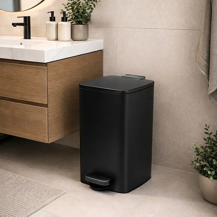 Proregal Treteimer 50L mit Softclose - 50 l, Metall, Matt Schwarz - Schwarzer Treteimer in einem Badezimmer neben einem Waschtisch.