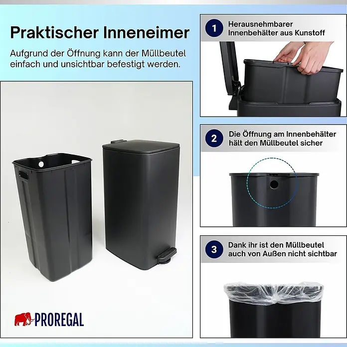 Proregal Treteimer 50L mit Softclose - 50 l, Metall, Matt Schwarz - Schwarzer Abfalleimer mit herausnehmbarem Kunststoff-Innenbehälter, der den Müllbeutel sicher und unsichtbar befestigt.