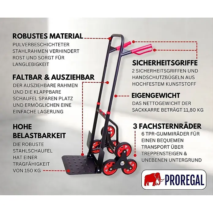Proregal Treppen-Sackkarre TAURUS mit klappbarer Schaufel, 150 kg Traglast & Vollgummibereifung - Stahl, Traglast: 150 kg - Schwarze und rote Hochleistungs-Treppenkarre mit 150 kg Tragkraft und sechs TPR-Gummi-Sternrädern.