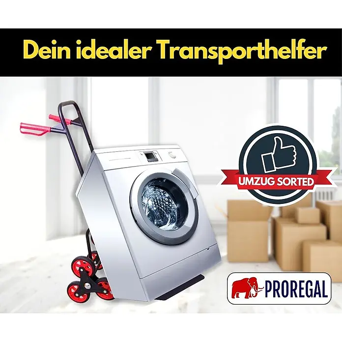 Proregal Treppen-Sackkarre TAURUS mit klappbarer Schaufel, 150 kg Traglast & Vollgummibereifung - Stahl, Traglast: 150 kg - Treppensteiger-Sackkarre mit rot-schwarzen Rädern, transportiert eine weiße Waschmaschine.