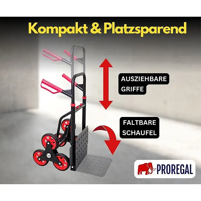 Proregal Treppen-Sackkarre TAURUS mit klappbarer Schaufel, 150 kg Traglast & Vollgummibereifung - Stahl, Traglast: 150 kg - Schwarze und rote Treppenkarre mit ausziehbaren Griffen und faltbarer Ladefläche.