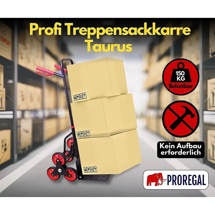Proregal Treppen-Sackkarre TAURUS mit klappbarer Schaufel, 150 kg Traglast & Vollgummibereifung - Stahl, Traglast: 150 kg - Schwarze und rote Treppen-Sackkarre mit drei Kartons im Lager, 150 kg belastbar, kein Aufbau erforderlich.