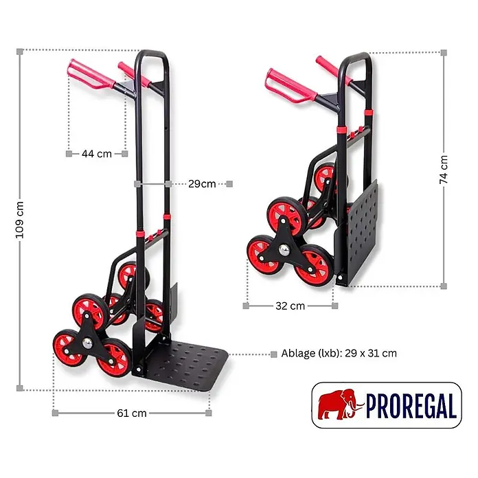 Proregal Treppen-Sackkarre TAURUS mit klappbarer Schaufel, 150 kg Traglast & Vollgummibereifung - Stahl, Traglast: 150 kg - Schwarze Treppenkarre mit rotem 6-Rad-Sternsystem und klappbarer Ladefläche.