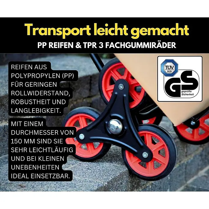 Proregal Treppen-Sackkarre TAURUS mit klappbarer Schaufel, 150 kg Traglast & Vollgummibereifung - Stahl, Traglast: 150 kg - Rote und schwarze Treppensteiger-Räder aus Polypropylen auf Stufen, für robusten und leichten Transport.