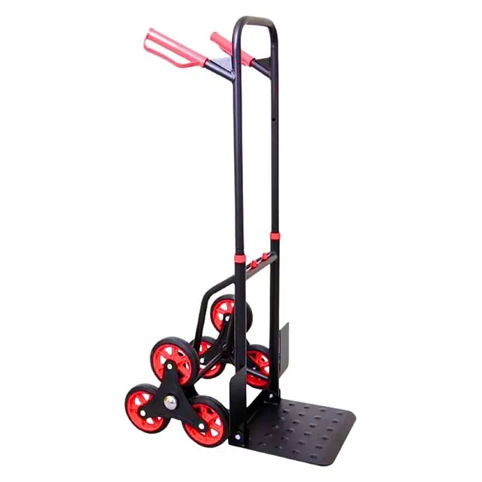 Proregal Treppen-Sackkarre TAURUS mit klappbarer Schaufel, 150 kg Traglast & Vollgummibereifung - Stahl, Traglast: 150 kg - Schwarze Treppenkarre mit roten Griffen, sternförmigen Dreirädern und klappbarer Ladeplatte.