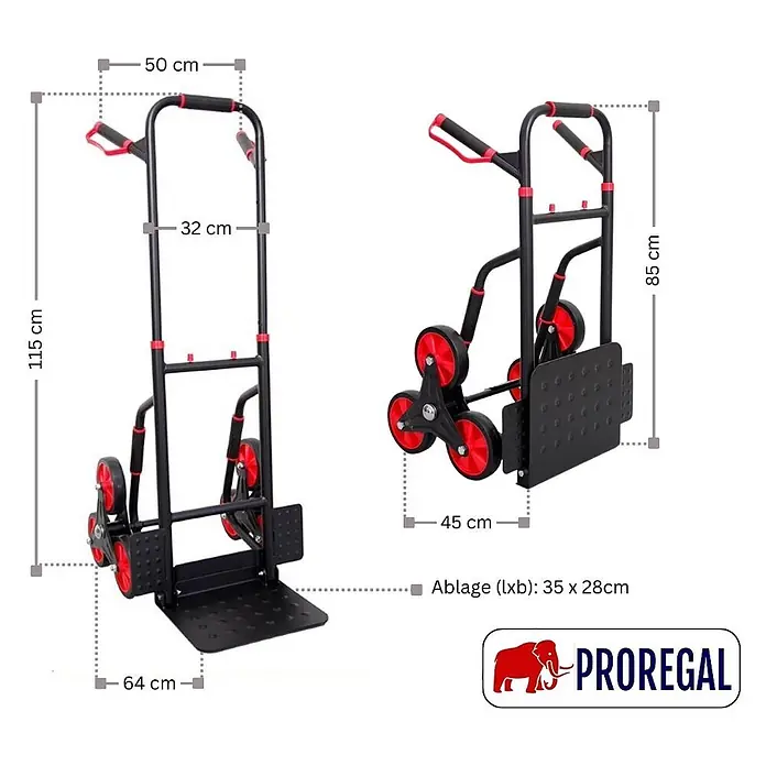 Proregal Treppen-Sackkarre TAURUS mit klappbarer Schaufel, 250 kg Traglast & Vollgummibereifung - Stahl, Traglast: 250 kg - Schwarze und rote Treppenkarre, ausgeklappt (115x64cm) und zusammengeklappt (85x45cm) mit Ablage (35x28cm) gezeigt.