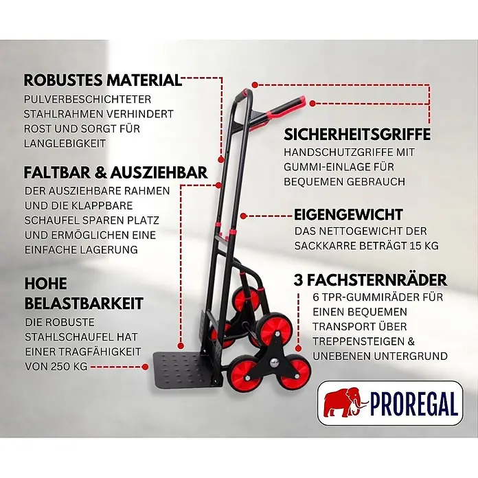 Proregal Treppen-Sackkarre TAURUS mit klappbarer Schaufel, 250 kg Traglast & Vollgummibereifung - Stahl, Traglast: 250 kg - Rote und schwarze faltbare Sackkarre mit Sternrädern für Treppen und bis zu 250 kg Tragkraft.