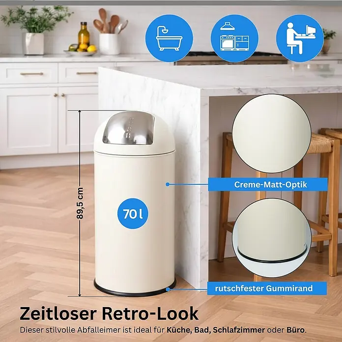 PROREGAL Mülleimer Küche Bad mit Push Klappe 70L, Abfalleimer Groß 38 Liter, Stahl Creme Weiß, Pushmülleimer Abfallsammler mit Pushdeckel, Müllbehälter, Müllsammler, Abfallbehälter online kaufen bei BAUHAUS