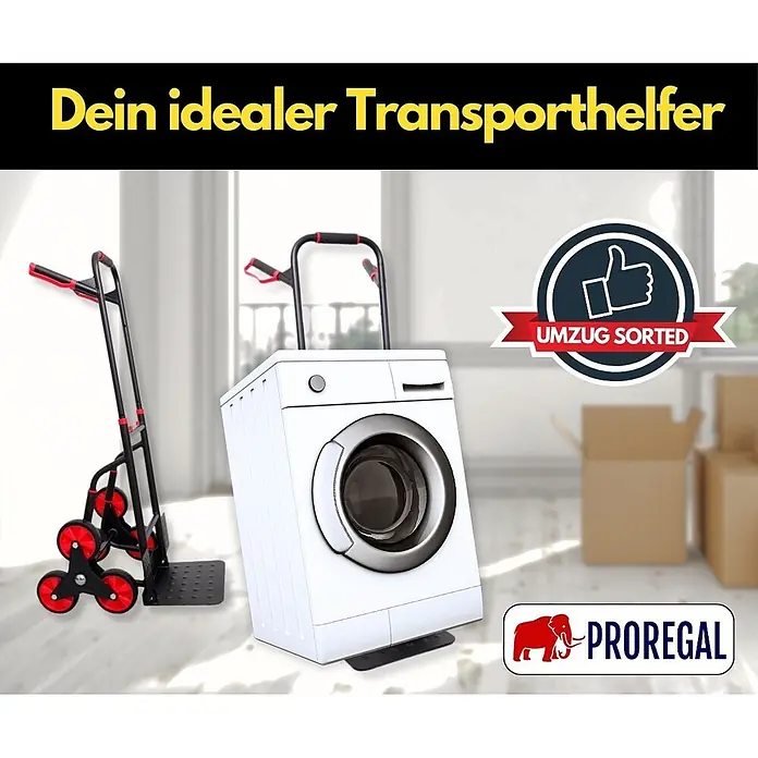 Proregal Treppen-Sackkarre TAURUS mit klappbarer Schaufel, 250 kg Traglast & Vollgummibereifung - Stahl, Traglast: 250 kg - Schwarze und rote Treppenkarre neben einer Waschmaschine, ideal für den Transport schwerer Gegenstände.
