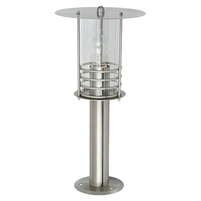 Starlux Silver Star II Außensockelleuchte - 60 W, Farbe Gehäuse: Edelstahl, Ohne Leuchtmittel, Höhe: 45 cm - Eine moderne Edelstahl-Gartenleuchte mit klarem Glaszylinder und kreisförmigem Schirm, ideal für Außenbereiche.
