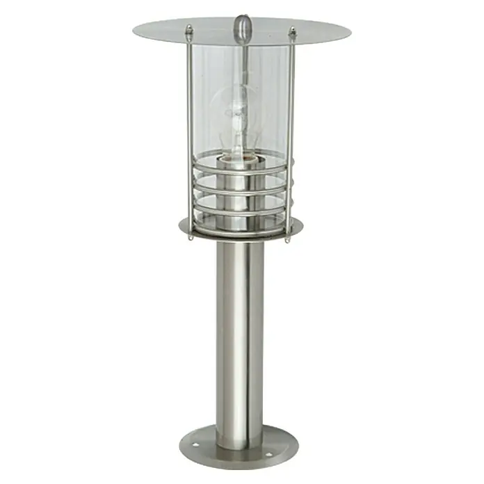 Starlux Silver Star II Außensockelleuchte - 60 W, Farbe Gehäuse: Edelstahl, Ohne Leuchtmittel, Höhe: 45 cm - Eine moderne Edelstahl-Gartenleuchte mit klarem Glaszylinder und kreisförmigem Schirm, ideal für Außenbereiche.
