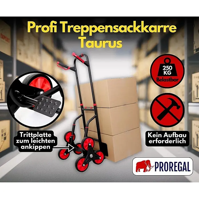Proregal Treppen-Sackkarre TAURUS mit klappbarer Schaufel, 250 kg Traglast & Vollgummibereifung - Stahl, Traglast: 250 kg - Profi Treppensackkarre Taurus in Schwarz-Rot, beladen mit Kartons im Lager. Trittplatte für leichtes Ankippen, 250 kg belastbar, kein Aufbau.