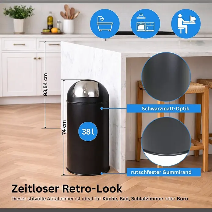 PROREGAL Mülleimer Küche Bad mit Push Klappe 38L, Abfalleimer 38 Liter, Stahl Matt Schwarz, Pushmülleimer Abfallsammler mit Pushdeckel, Müllbehälter, Müllsammler, Abfallbehälter -  - Matter schwarzer 38L Retro-Mülleimer mit Edelstahldrückklappe und rutschfestem Boden, im Küchenambiente.