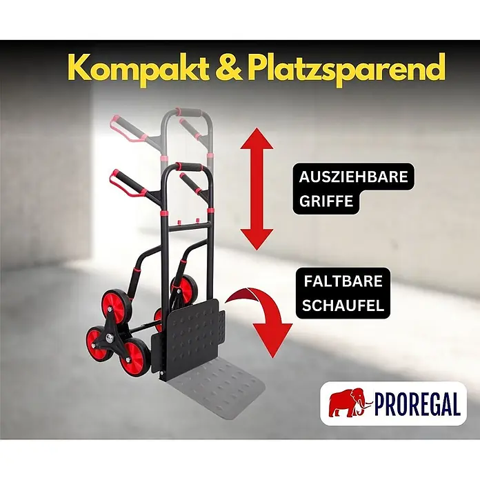 Proregal Treppen-Sackkarre TAURUS mit klappbarer Schaufel, 250 kg Traglast & Vollgummibereifung - Stahl, Traglast: 250 kg - Schwarze und rote Sackkarre mit Treppensteigerfunktion, ausziehbaren Griffen und faltbarer Ladefläche, kompakt und platzsparend.