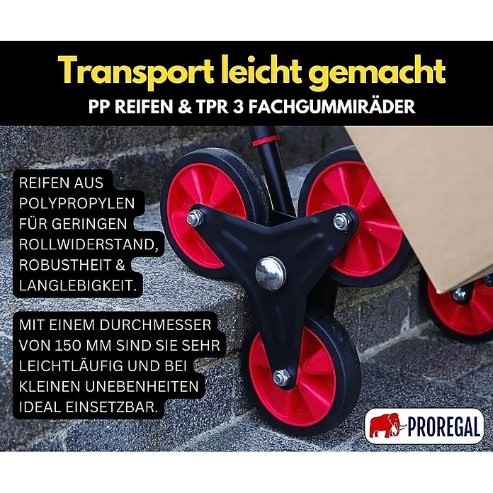 Proregal Treppen-Sackkarre TAURUS mit klappbarer Schaufel, 250 kg Traglast & Vollgummibereifung - Stahl, Traglast: 250 kg - Roter und schwarzer 150mm PP/TPR 3-Rad-Treppensteigmechanismus für Transportkarren, ideal für unebenes Gelände und Stufen.