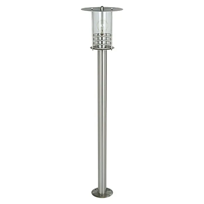 Starlux Silver Star II Außensockelleuchte - 60 W, Farbe Gehäuse: Edelstahl, Ohne Leuchtmittel, Höhe: 110 cm - Eine elegante Edelstahl-Gartenleuchte mit einem klaren Glasgehäuse und einer spiralförmigen Drahtstruktur im Inneren, die ein modernes Aussehen verleiht.