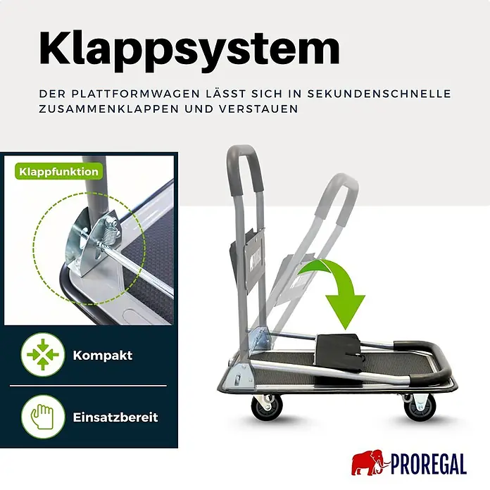 Proregal Transportroller RHINO 150, klappbar, mit Werkzeugtasche & 6 Sicherungsösen - Traglast: 150 kg - Grauer klappbarer Plattformwagen zeigt seinen kompakten Klappmechanismus. Einsatzbereit und leicht zu verstauen.