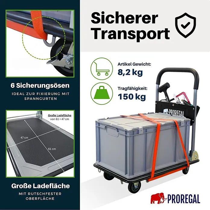 Proregal Transportroller RHINO 150, klappbar, mit Werkzeugtasche & 6 Sicherungsösen - Traglast: 150 kg - Grauer Transportwagen mit rutschfester 61x47 cm Ladefläche und 6 Ösen, beladen mit einer Box. Leergewicht 8,2 kg, 150 kg Tragkraft.