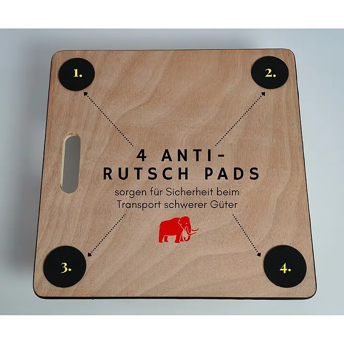 Proregal Transportroller Mega Deal 2x mit 4 Rollen - L x B x H: 50 x 50 x 11,5 cm, Traglast: 150 kg, Holz - Helles Holz-Transportbrett mit vier schwarzen Anti-Rutsch-Pads und rotem Elefantenlogo, für sicheren Transport schwerer Güter.