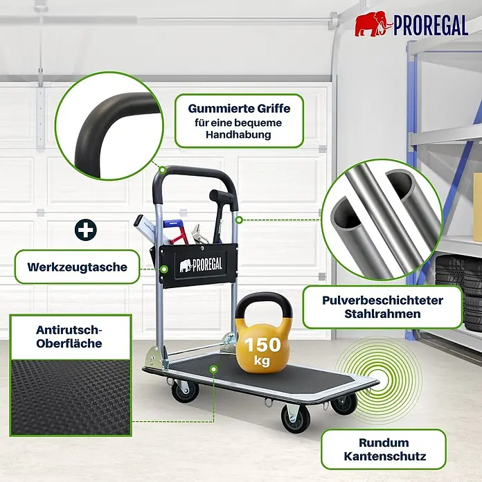 Proregal Transportroller RHINO 150, klappbar, mit Werkzeugtasche & 6 Sicherungsösen - Traglast: 150 kg - Ein grauer und schwarzer klappbarer Plattformwagen mit gummierten Griffen, rutschfester Oberfläche und Werkzeugtasche, belastbar bis 150 kg.