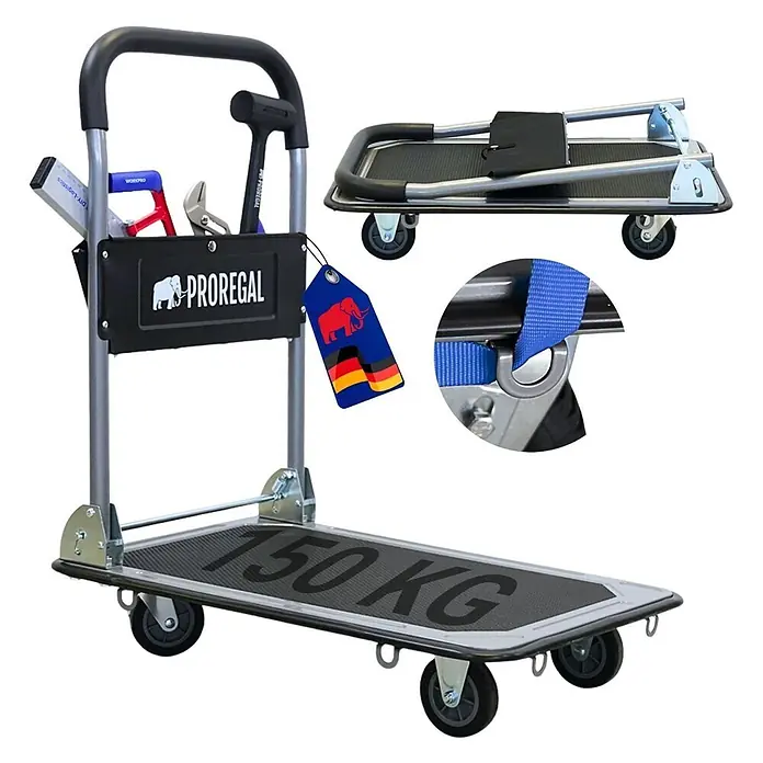 Proregal Transportroller RHINO 150, klappbar, mit Werkzeugtasche & 6 Sicherungsösen - Traglast: 150 kg - Klappbarer Plattformwagen, silber-schwarz, mit 150 KG Tragkraft, Werkzeugtasche und Werkzeugen. Geklappt und mit Gurtdetail gezeigt.
