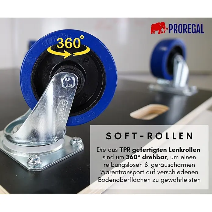 PROREGAL Profi Transportroller HERCULES 80x60 cm Schwerlast bis 800 kg 4 Gummirollen mit Bremse & Griff, Siebdruckplatte rutschfest, 4er Set Rollbrett für Möbel Möbelroller Transporthilfe Werkstatt -  - Blaue TPR-Lenkrolle, 360° drehbar für reibungslosen & leisen Transport auf verschiedenen Oberflächen.