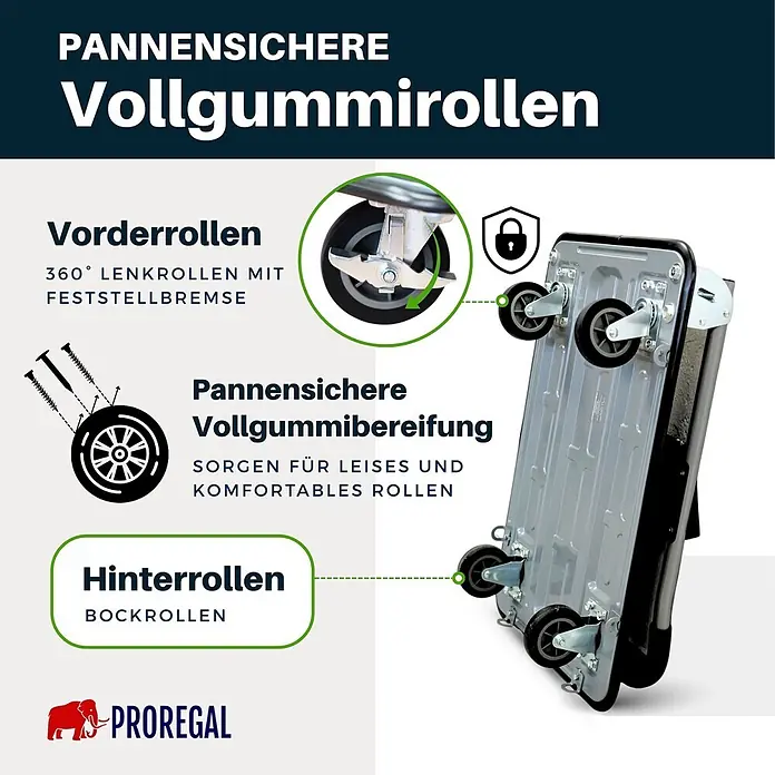 Proregal Transportroller RHINO 150, klappbar, mit Werkzeugtasche & 6 Sicherungsösen - Traglast: 150 kg - Pannensichere Vollgummiräder an einer Transportkarre-Unterseite. Mit 360° Lenkrollen mit Bremse und Bockrollen für leises Abrollen.