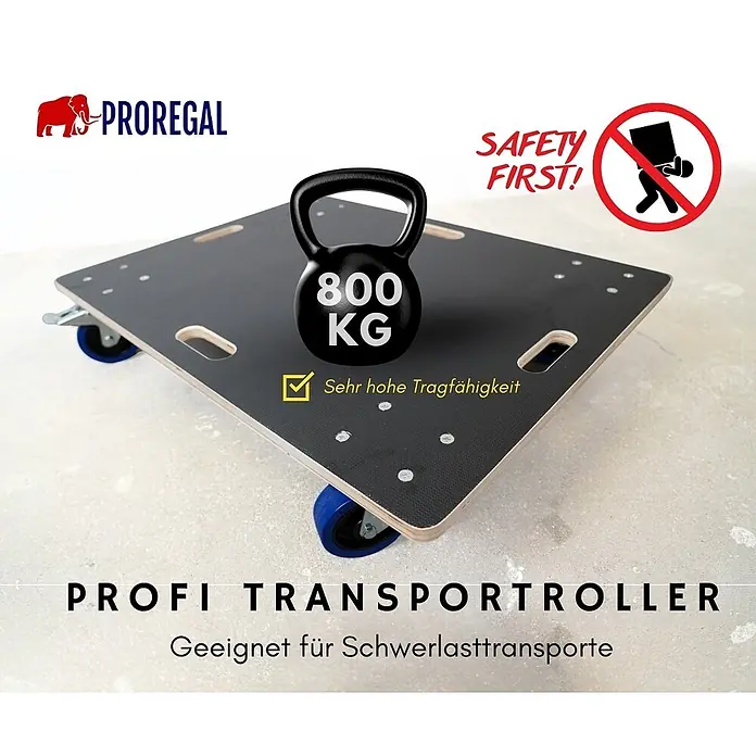 PROREGAL Profi Transportroller HERCULES 80x60 cm Schwerlast bis 800 kg 4 Gummirollen mit Bremse & Griff, Siebdruckplatte rutschfest, 4er Set Rollbrett für Möbel Möbelroller Transporthilfe Werkstatt -  - Schwarzer Transportroller mit blauen Rollen für schwere Lasten, abgebildet mit einer 800 kg Kettlebell.