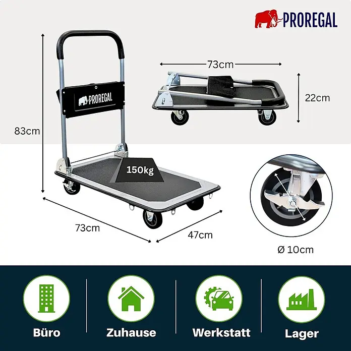 Proregal Transportroller RHINO 150, klappbar, mit Werkzeugtasche & 6 Sicherungsösen - Traglast: 150 kg - Schwarzer, klappbarer Plattformwagen mit Maßen, 150kg Traglast und 10cm Rollen, ausgeklappt und zusammengeklappt gezeigt.