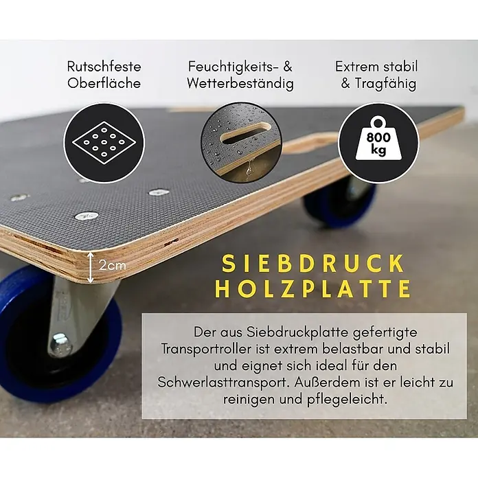 PROREGAL Profi Transportroller HERCULES 80x60 cm Schwerlast bis 800 kg 4 Gummirollen mit Bremse & Griff, Siebdruckplatte rutschfest, 4er Set Rollbrett für Möbel Möbelroller Transporthilfe Werkstatt -  - Robuster Transportroller aus 2cm Siebdruckplatte mit blauen Rollen, rutschfester, wetterbeständiger Oberfläche und 800kg Tragkraft.
