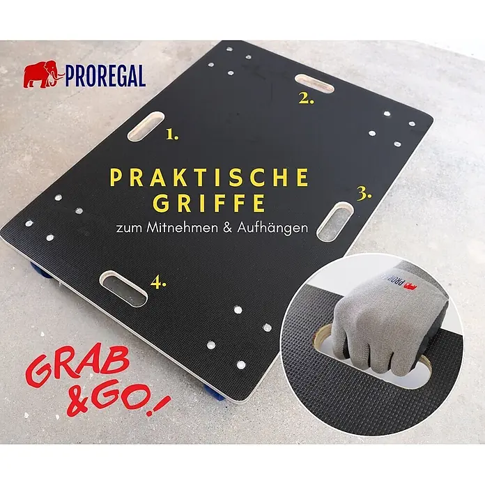 PROREGAL Profi Transportroller HERCULES 80x60 cm Schwerlast bis 800 kg 4 Gummirollen mit Bremse & Griff, Siebdruckplatte rutschfest, 4er Set Rollbrett für Möbel Möbelroller Transporthilfe Werkstatt -  - Schwarzer Transportroller mit praktischen integrierten Griffen, zum einfachen Tragen und Aufhängen.