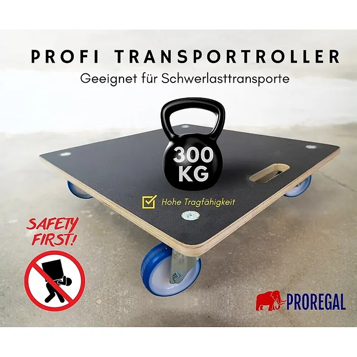 Proregal Transportroller HERCULES 2 Stück Siebdruckplatte - Traglast: 300 kg, Holz - Robuster Holz-Transportroller mit schwarzer Anti-Rutsch-Oberfläche und blauen Rollen, demonstriert 300 kg Tragfähigkeit.
