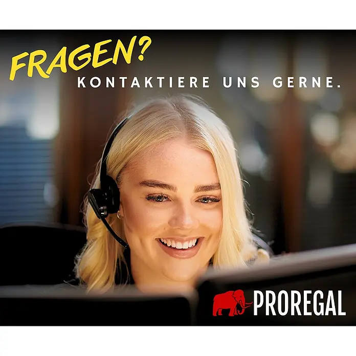 Proregal Sackkarre ODIN mit klappbarer Schaufel & Luftbereifung - Stahl, Traglast: 200 kg - Lächelnde Kundendienstmitarbeiterin mit Headset, bereit zu helfen. Text: 'Fragen? Kontaktiere uns gerne.' Proregal-Logo.