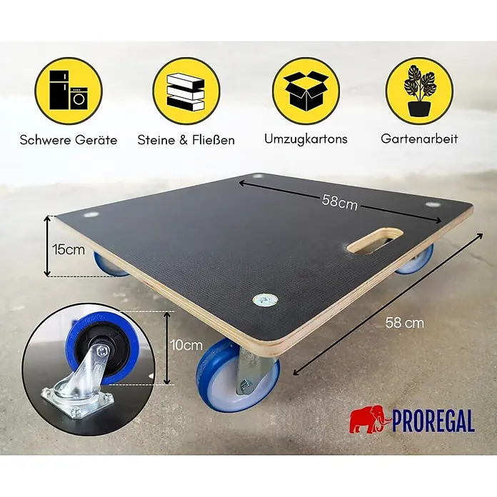 Proregal Transportroller HERCULES 2 Stück Siebdruckplatte - Traglast: 300 kg, Holz - Quadratischer Transportroller mit schwarzer Holzplatte und blauen Lenkrollen, 58x58cm groß und 15cm hoch.