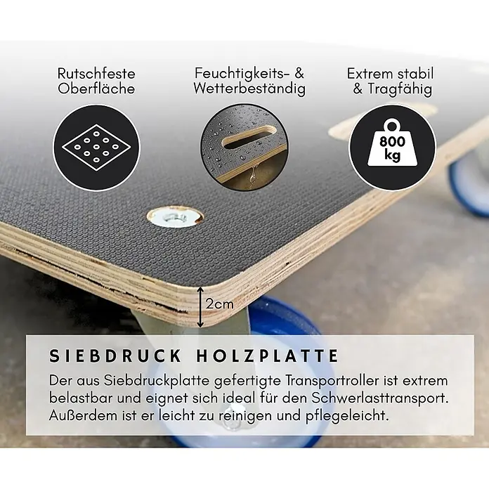 Proregal Transportroller HERCULES 2 Stück Siebdruckplatte - Traglast: 300 kg, Holz - Schwerlast-Transportrollerplatte aus schwarzem, rutschfestem Siebdruckholz, 2cm dick, feuchtigkeitsbeständig, 800 kg Tragkraft.