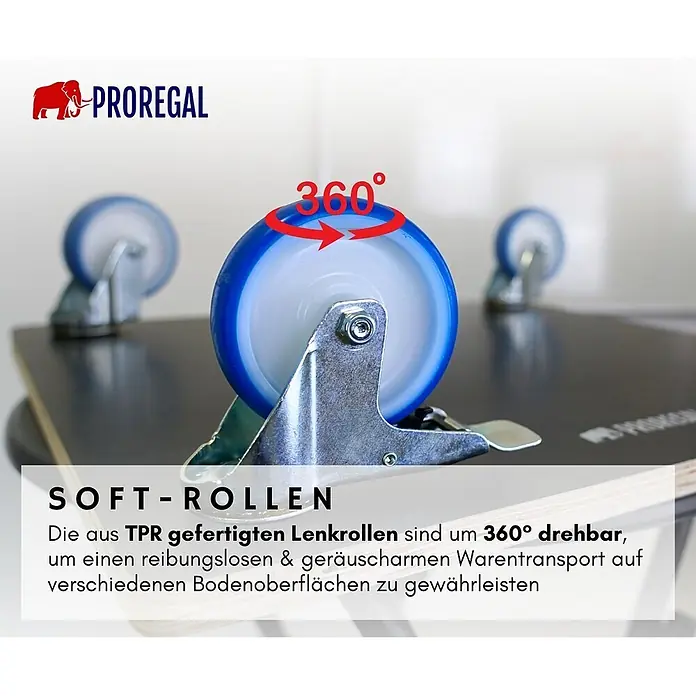 Proregal Transportroller HERCULES 2 Stück Siebdruckplatte - Traglast: 300 kg, Holz - Soft-Lenkrollen aus TPR, 360° drehbar für reibungslosen & geräuscharmen Warentransport.