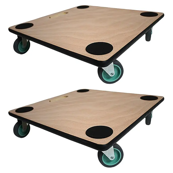 Proregal Transportroller Mega Deal 2x mit 4 Rollen - L x B x H: 50 x 50 x 11,5 cm, Traglast: 150 kg, Holz - Hölzerner Möbelroller mit schwarzen Anti-Rutsch-Pads und türkisen Rollen, schräg dargestellt.