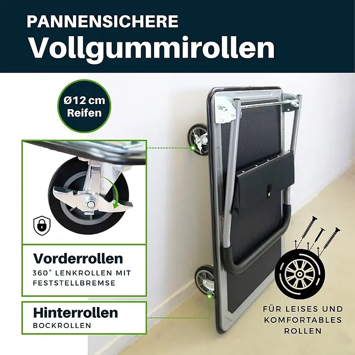 Proregal Transportroller BIG RHINO 300, klappbar, mit Werkzeugtasche & 6 Sicherungsösen - Traglast: 300 kg - Pannensichere Vollgummirollen (Ø12 cm) für leises, komfortables Rollen an einem faltbaren Transportwagen.