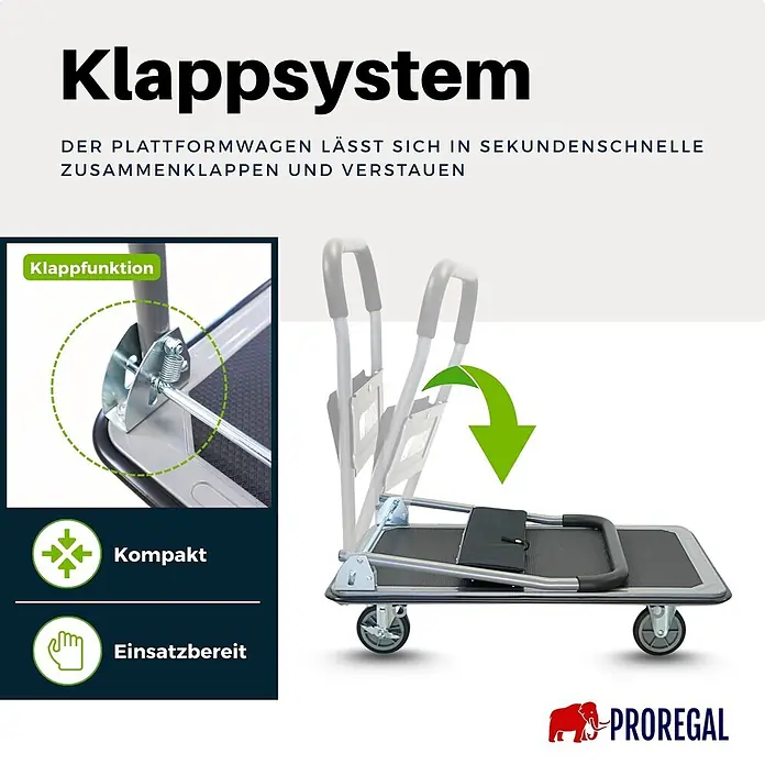 Proregal Transportroller BIG RHINO 300, klappbar, mit Werkzeugtasche & 6 Sicherungsösen - Traglast: 300 kg - Grauer und schwarzer klappbarer Plattformwagen im zusammengeklappten Zustand, mit Fokus auf den Klappmechanismus.