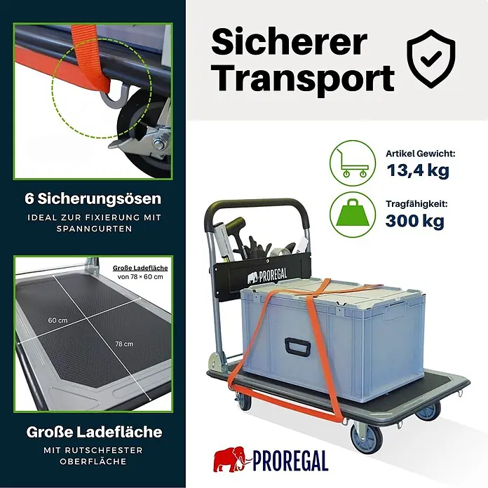 Proregal Transportroller BIG RHINO 300, klappbar, mit Werkzeugtasche & 6 Sicherungsösen - Traglast: 300 kg - Grauer klappbarer Transportwagen mit rutschfester Fläche, 6 Sicherungsösen und 300 kg Tragfähigkeit.