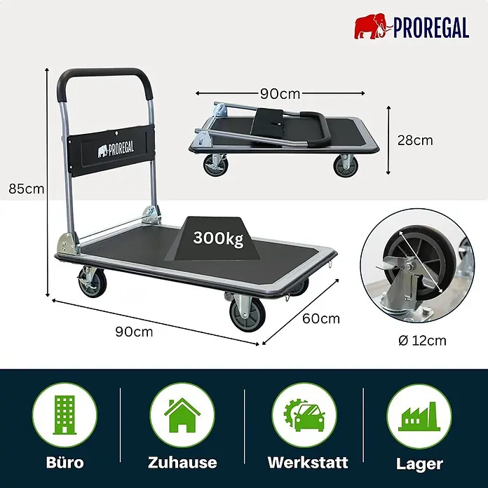 Proregal Transportroller BIG RHINO 300, klappbar, mit Werkzeugtasche & 6 Sicherungsösen - Traglast: 300 kg - Klappbarer Plattformwagen in Grau und Schwarz, 300kg Tragkraft, Maße 90x60x85cm (offen) / 90x60x28cm (gefaltet), Räder Ø12cm.