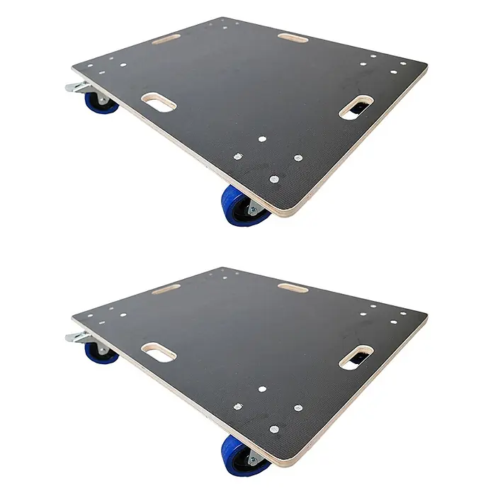 PROREGAL Mega Deal 2x Profi Transportroller Mit 4 Rollen HxBxT 16x80x60cm Traglast 800kg Siebdruck Holzplatte Schwarz Möbelhund Rollbrett -  - Schwarzer Holzrollwagen mit blauen Rollen und integrierten Griffen.