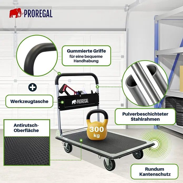 Proregal Transportroller BIG RHINO 300, klappbar, mit Werkzeugtasche & 6 Sicherungsösen - Traglast: 300 kg - PROREGAL Klapp-Plattformwagen mit pulverbeschichtetem Stahlrahmen, gummierten Griffen, Antirutsch-Oberfläche, Werkzeugtasche und 300kg Traglast.