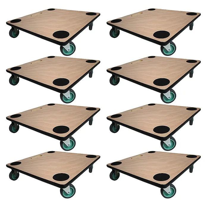 Proregal Transportroller Mega Deal 8x mit 4 Rollen - L x B x H: 50 x 50 x 11,5 cm, Traglast: 150 kg, Holz - Acht Rollbretter aus Holz mit schwarzen Antirutschpads und grünen Rollen zum Transport von Möbeln.