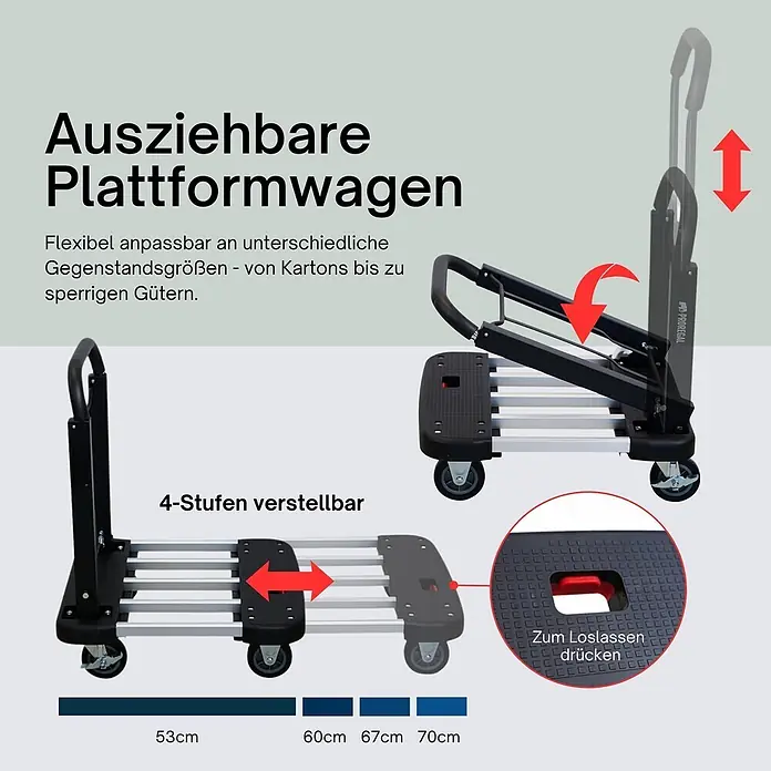 Proregal Transportroller TAURUS 150, klappbar - L x B x H: 46 x 76 x 97 cm, Traglast: 150 kg - Ausziehbarer schwarzer und silberner Plattformwagen mit klappbarem Griff, zeigt 4 verstellbare Längenstufen.