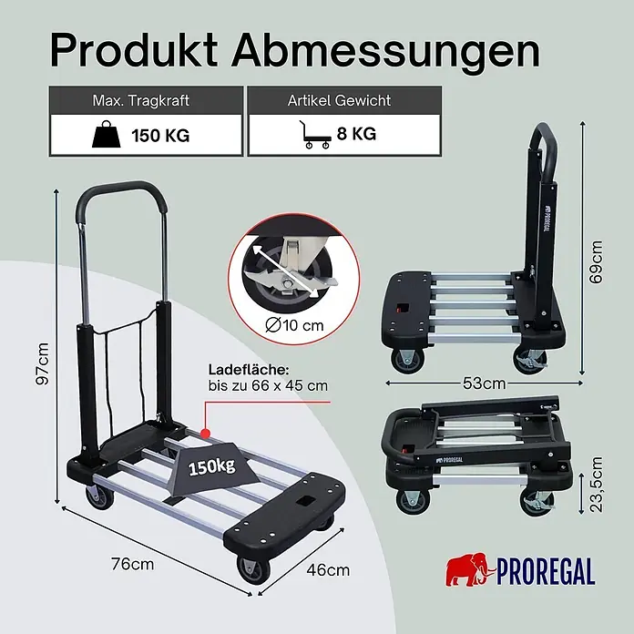 Proregal Transportroller TAURUS 150, klappbar - L x B x H: 46 x 76 x 97 cm, Traglast: 150 kg - Schwarzer und silberner klappbarer Rollwagen, ausgeklappt und zusammengeklappt, mit 150 kg Tragkraft und kompaktem Design.