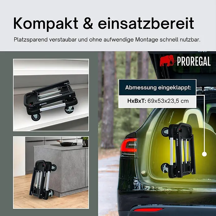 Proregal Transportroller TAURUS 150, klappbar - L x B x H: 46 x 76 x 97 cm, Traglast: 150 kg - Zusammengeklappter schwarz-silberner Rollwagen, der kompakt auf einem Regal, neben einer Kücheninsel und im Kofferraum verstaut ist.