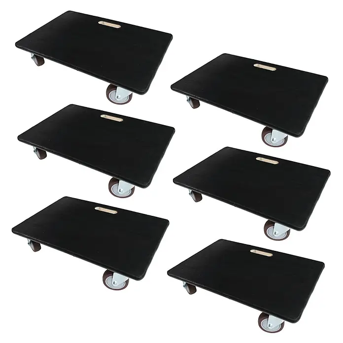 Proregal Transportroller Mega Deal 6x mit 4 Rollen - L x B x H: 60 x 40 x 15 cm, Traglast: 500 kg, Holz - Sechs schwarze Möbelroller mit braunen und silbernen Rollen, zum einfachen Transport schwerer Gegenstände.
